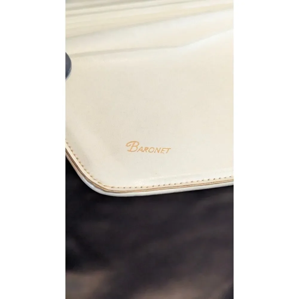 Vintage Baronet Long Wallet Beige Bone Leather Kisslock Retro Brass Rattan Ivory